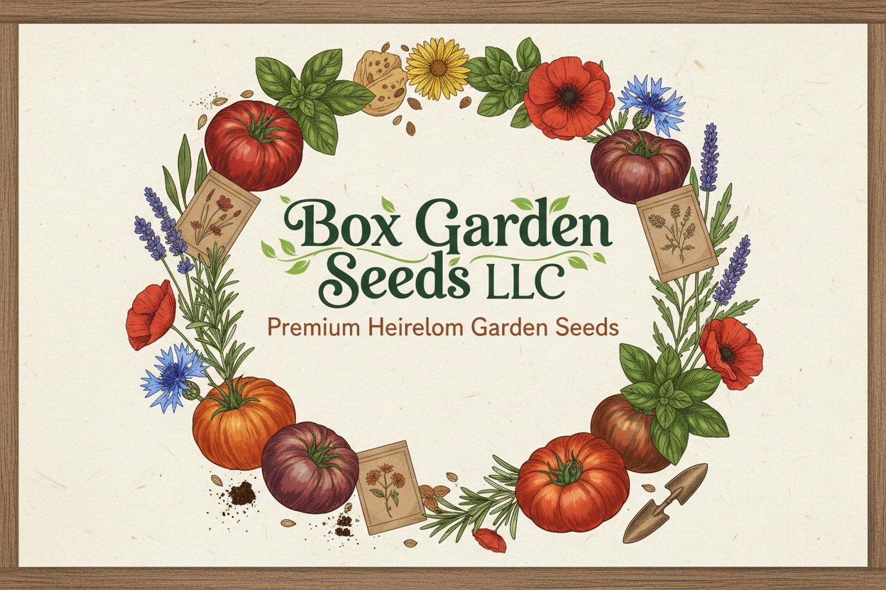 Box Garden Seeds LLC premium heirloom garden seeds social sharing image featuring sunflowers and seed packets