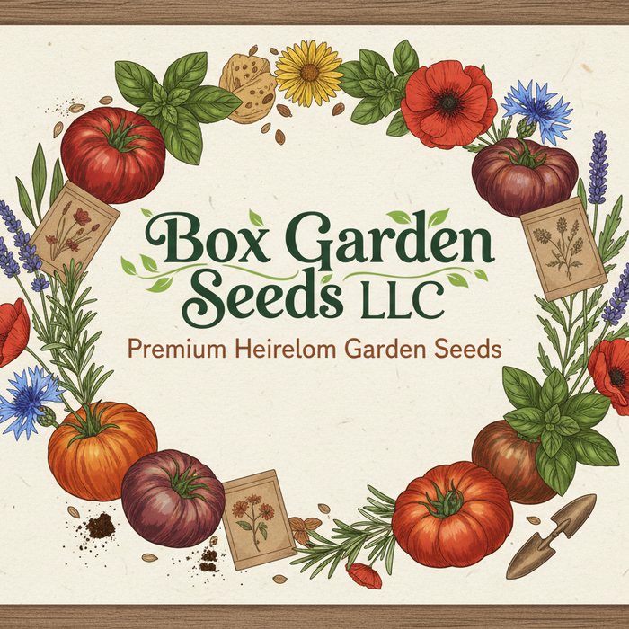 Box Garden Seeds LLC premium heirloom garden seeds social sharing image featuring sunflowers and seed packets