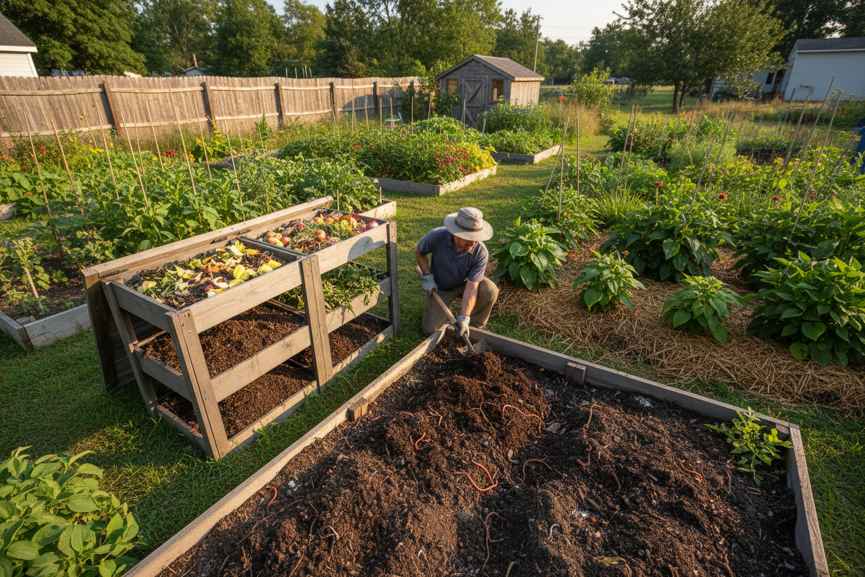Composting system and soil building techniques showing rich organic matter and healthy garden soil for long-term fertility