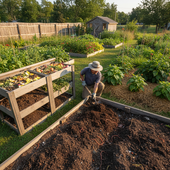 Composting system and soil building techniques showing rich organic matter and healthy garden soil for long-term fertility