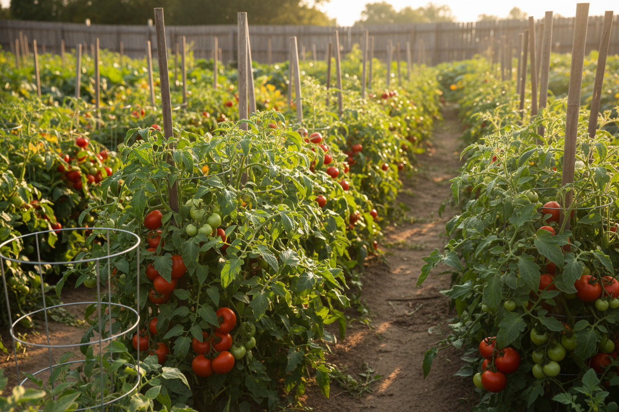 Early summer tomato harvest with ripe red tomatoes growing on healthy plants in bright morning sunlight