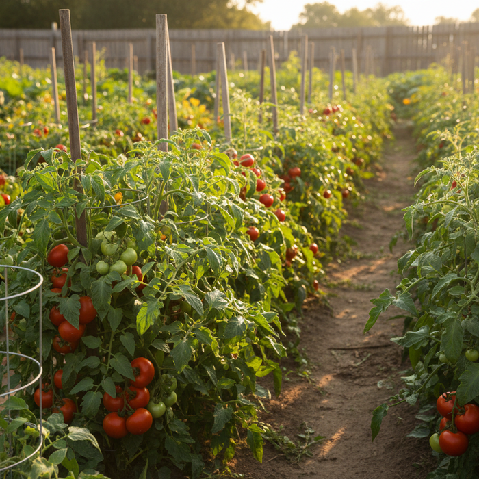 Early summer tomato harvest with ripe red tomatoes growing on healthy plants in bright morning sunlight