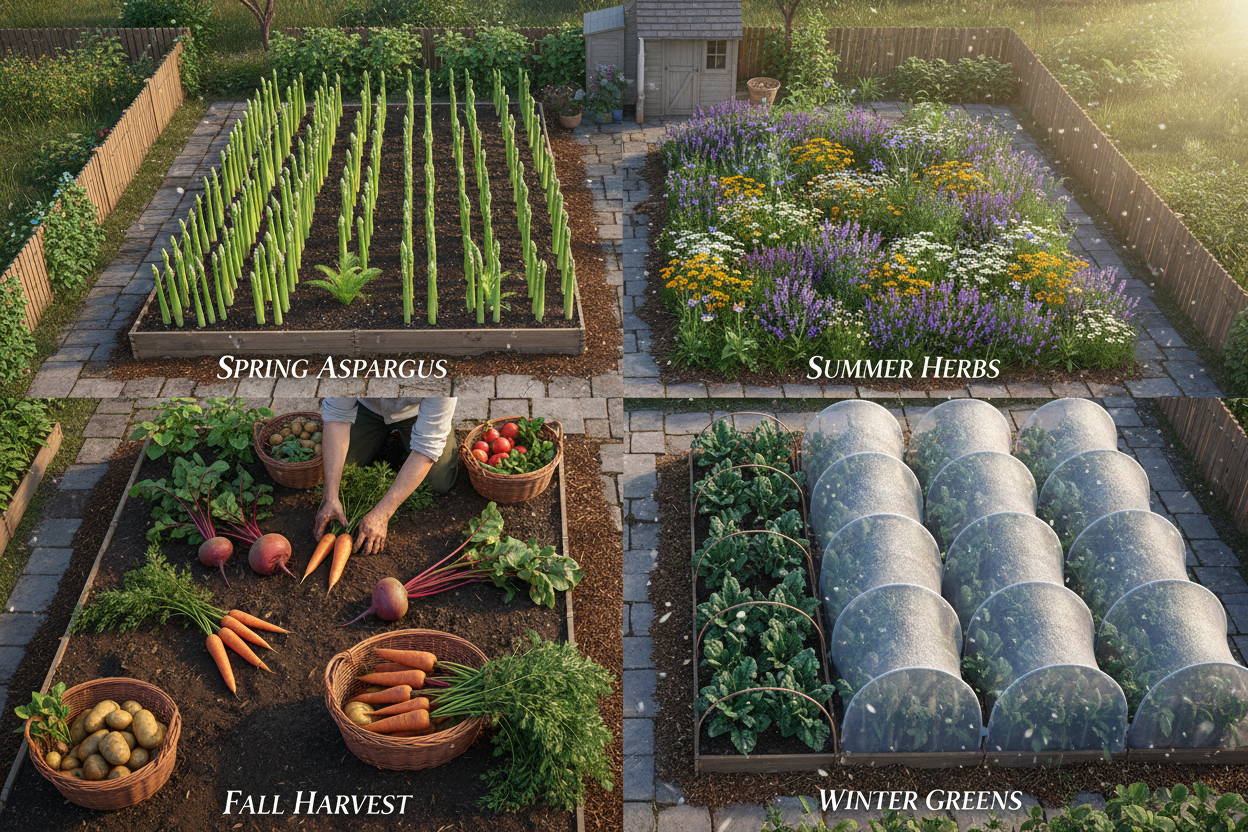 Four-season perennial garden showing year-round food production with cold-hardy vegetables and herbs in all seasons