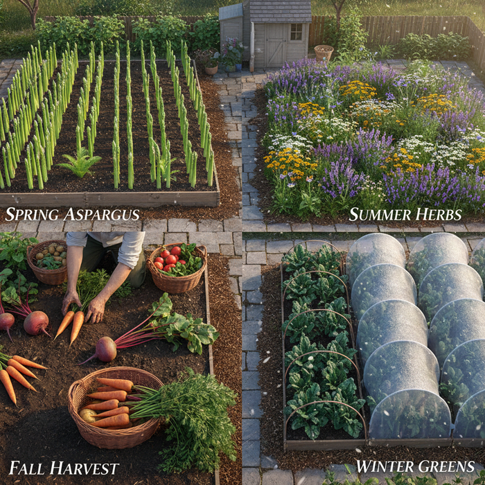 Four-season perennial garden showing year-round food production with cold-hardy vegetables and herbs in all seasons