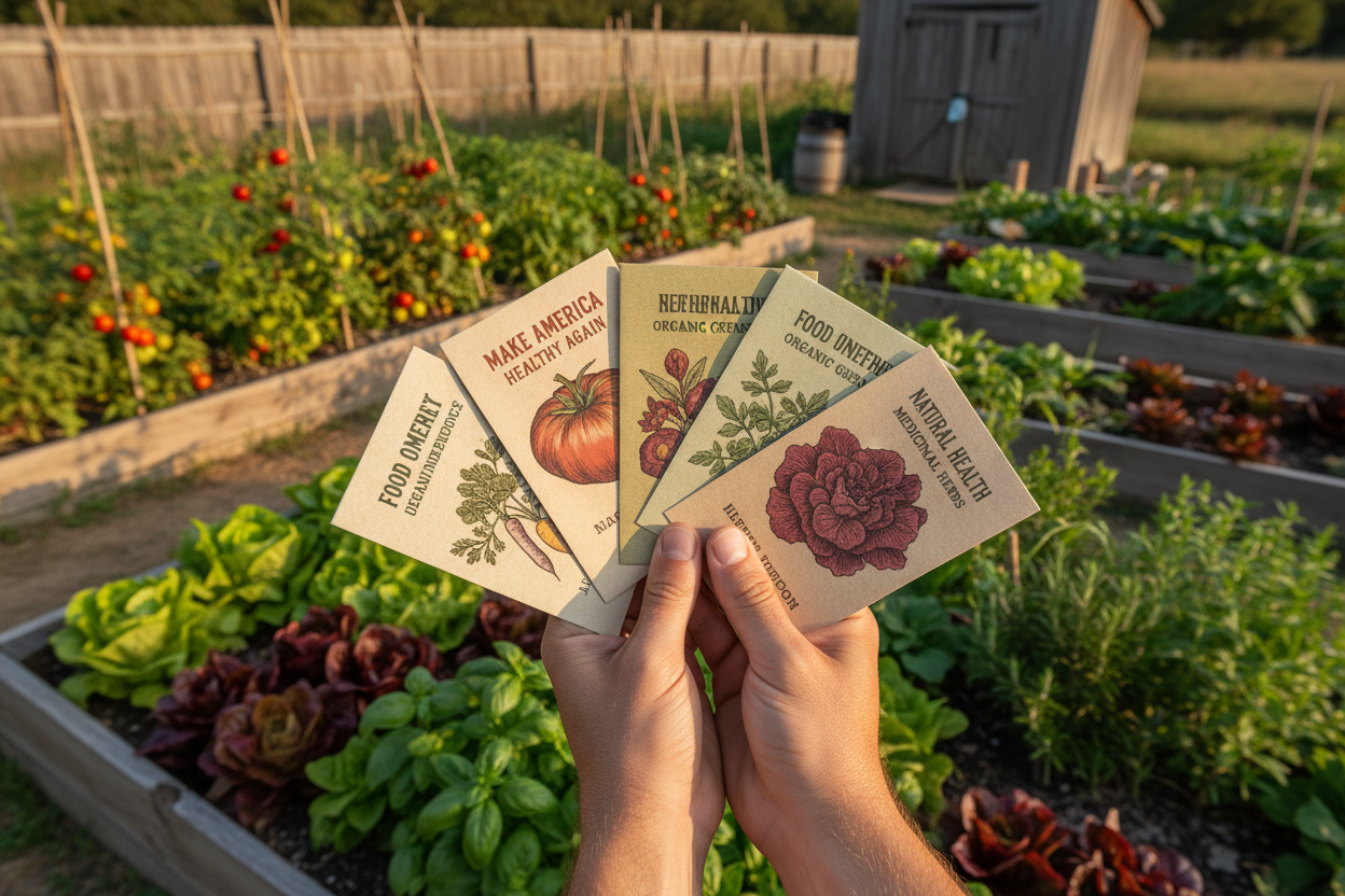 Heirloom seed packets and garden planning materials arranged with fresh vegetables and gardening tools