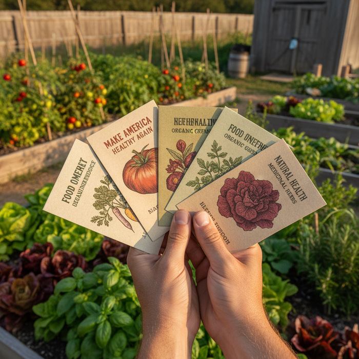 Heirloom seed packets and garden planning materials arranged with fresh vegetables and gardening tools
