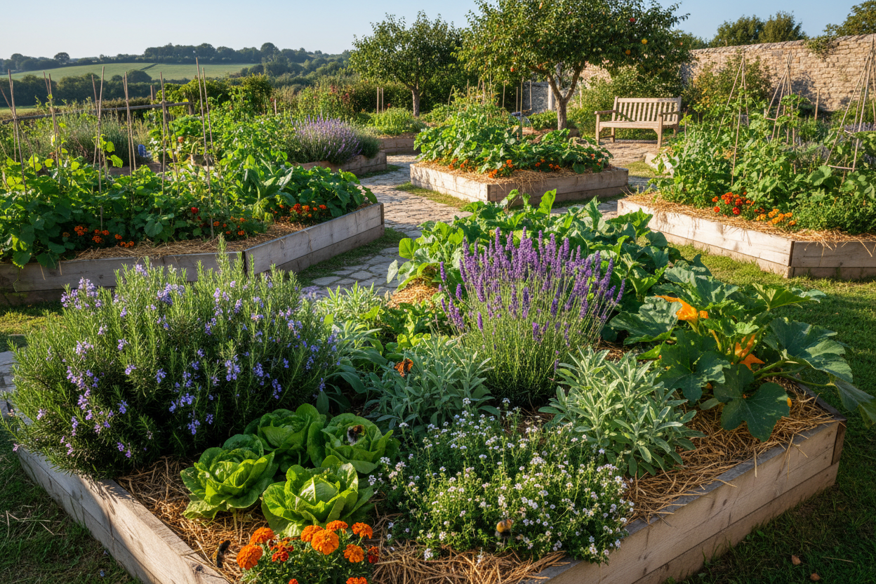 Integrated herb and vegetable garden showing perennial herbs growing alongside annual vegetables in a sustainable food garden