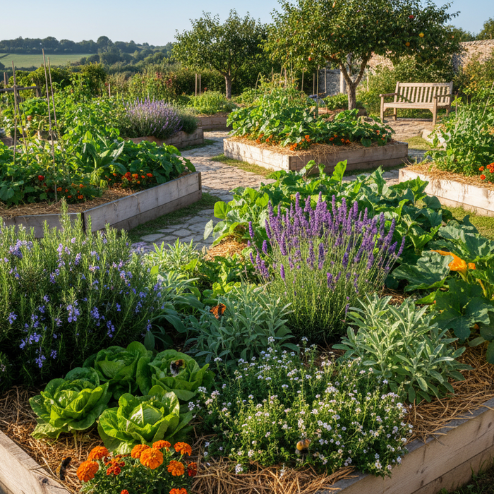 Integrated herb and vegetable garden showing perennial herbs growing alongside annual vegetables in a sustainable food garden