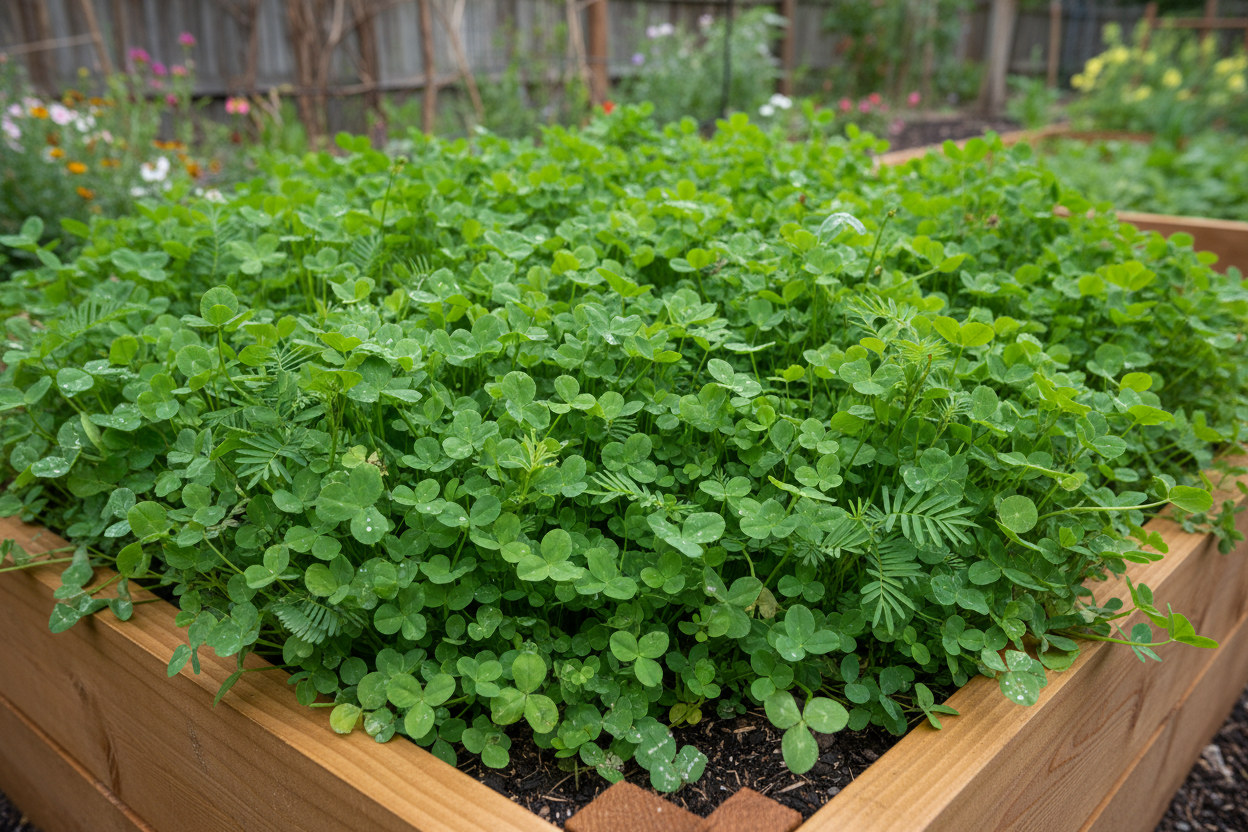 Lush green cover crop growing densely in a raised garden bed