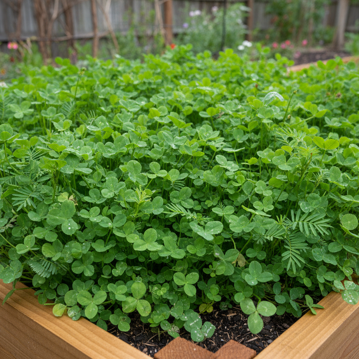 Lush green cover crop growing densely in a raised garden bed