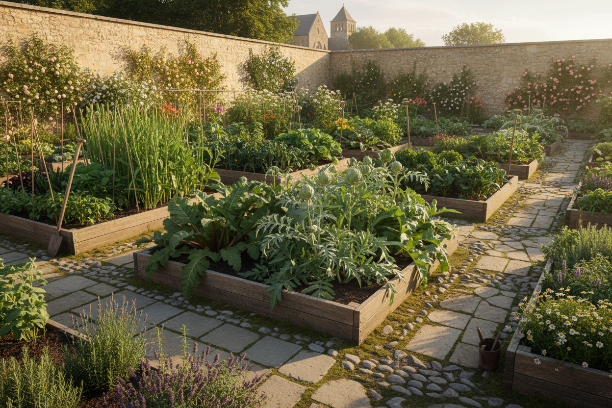 Medieval-style garden with raised beds growing perennial vegetables and herbs using traditional cultivation methods