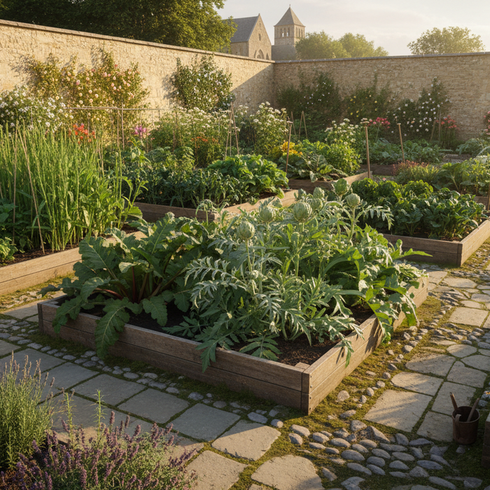 Medieval-style garden with raised beds growing perennial vegetables and herbs using traditional cultivation methods