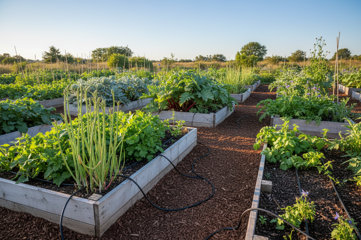 Modern sustainable food garden combining traditional wisdom with contemporary techniques in raised bed layouts