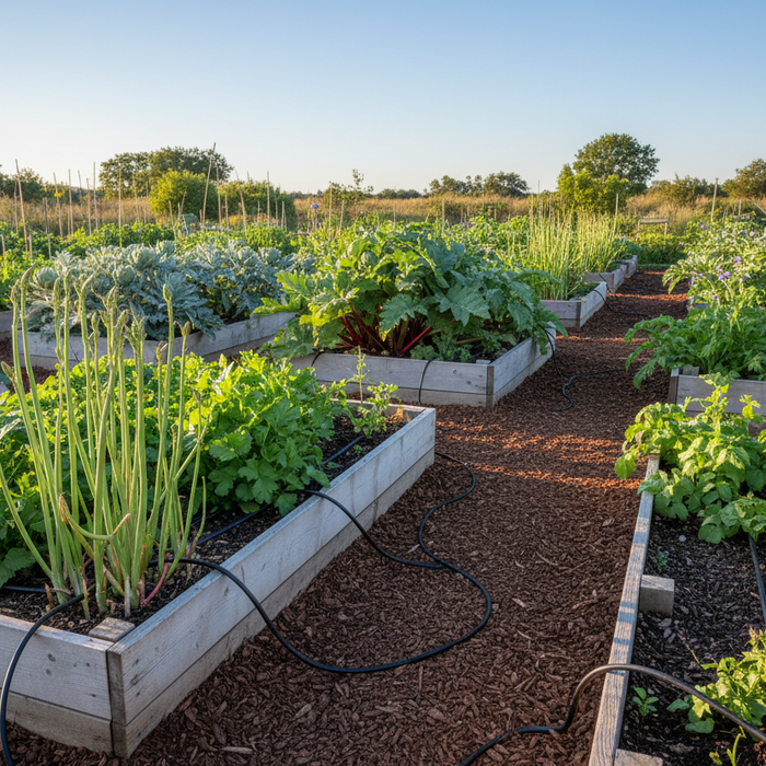 Modern sustainable food garden combining traditional wisdom with contemporary techniques in raised bed layouts