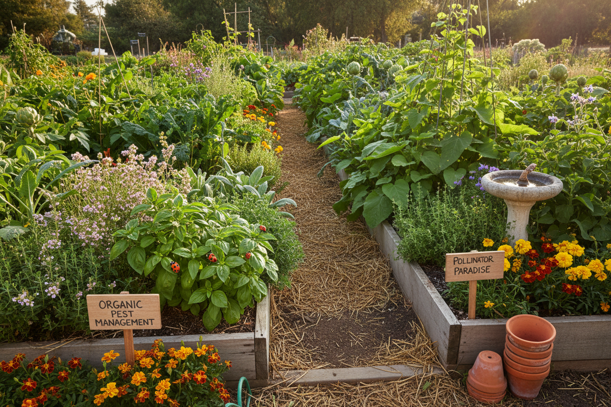 Organic pest management for perennial gardens showing beneficial insects, natural predators, and companion planting strategies