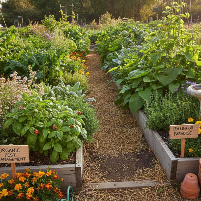 Organic pest management for perennial gardens showing beneficial insects, natural predators, and companion planting strategies
