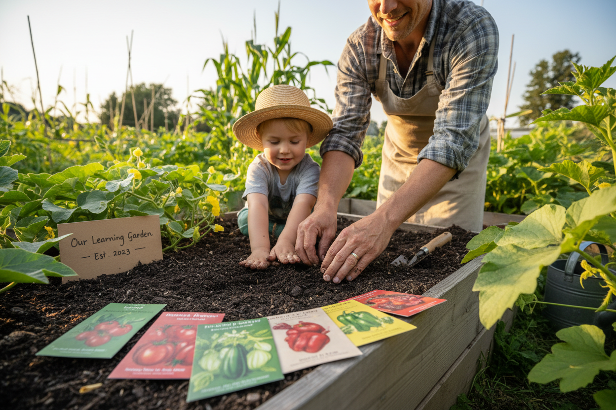 Parent and child gardening together, planting seeds in a raised garden bed with educational gardening tools