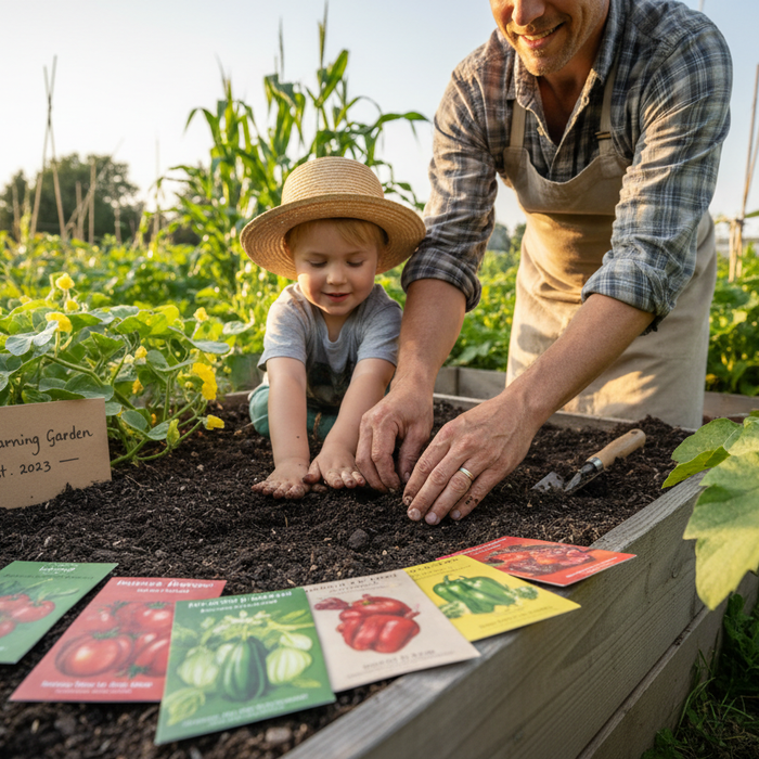 Parent and child gardening together, planting seeds in a raised garden bed with educational gardening tools