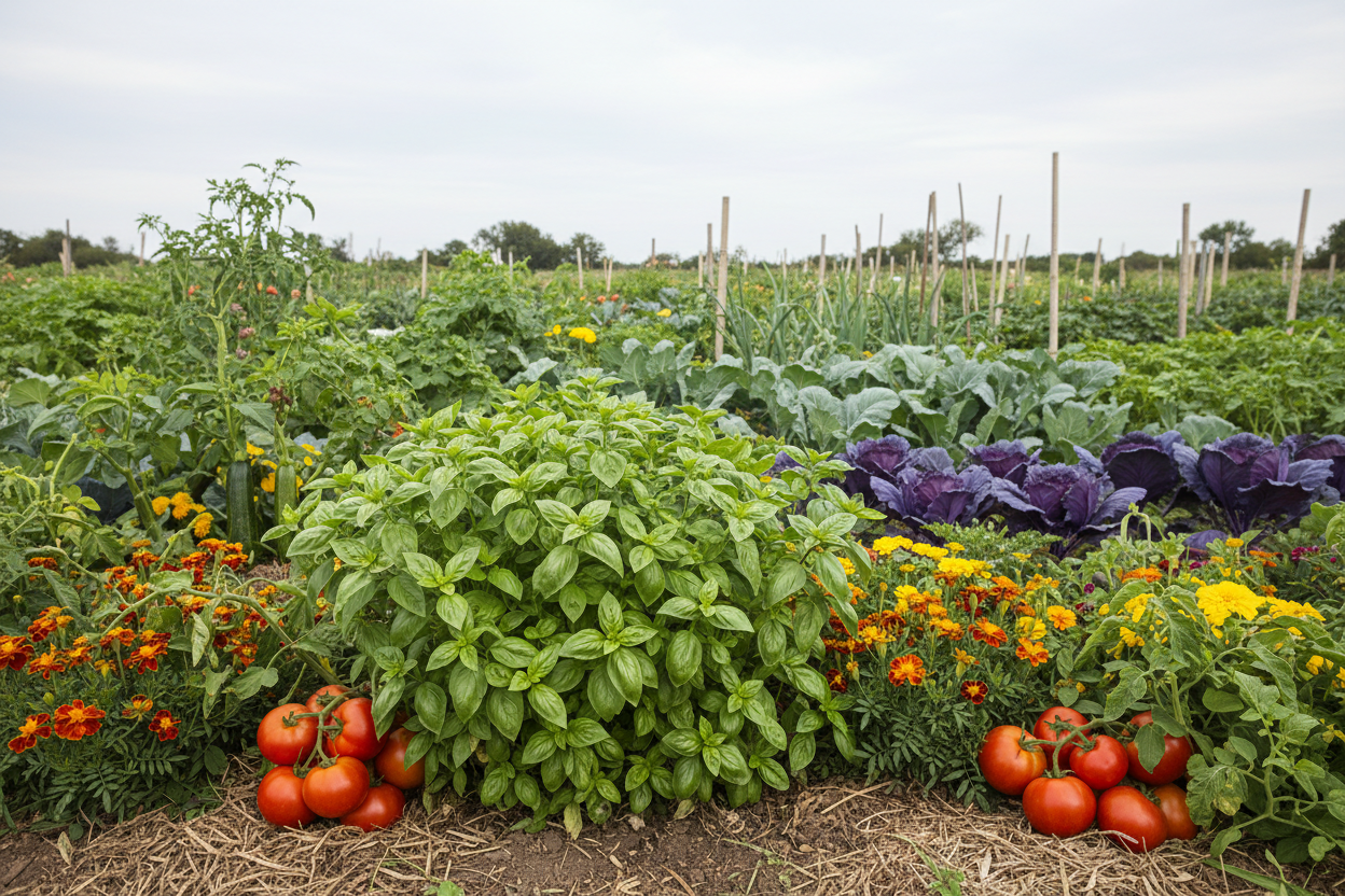 Companion planting garden layout showing beneficial plant combinations with vegetables, herbs, and flowers growing together