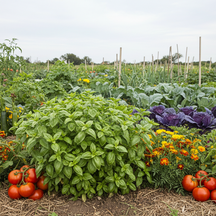 Companion planting garden layout showing beneficial plant combinations with vegetables, herbs, and flowers growing together
