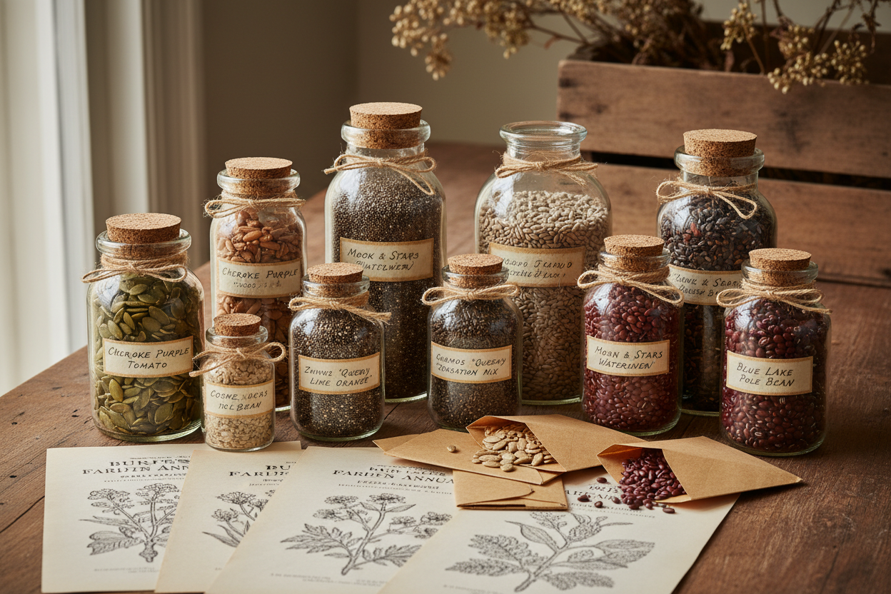 Premium editorial image of heirloom seeds and seed saving supplies with vintage seed packets and storage containers