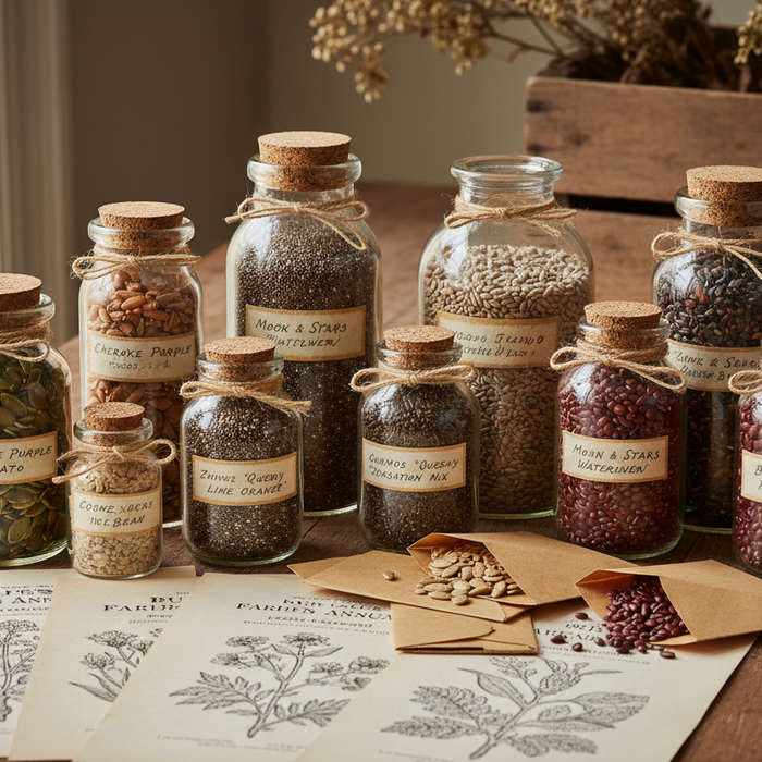 Premium editorial image of heirloom seeds and seed saving supplies with vintage seed packets and storage containers