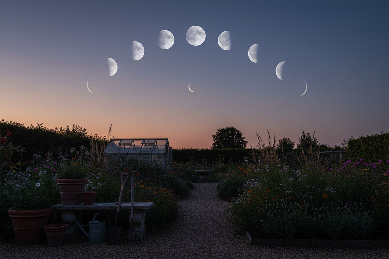 Moon planting guide showing lunar phases and their relationship to traditional gardening practices and planting schedules
