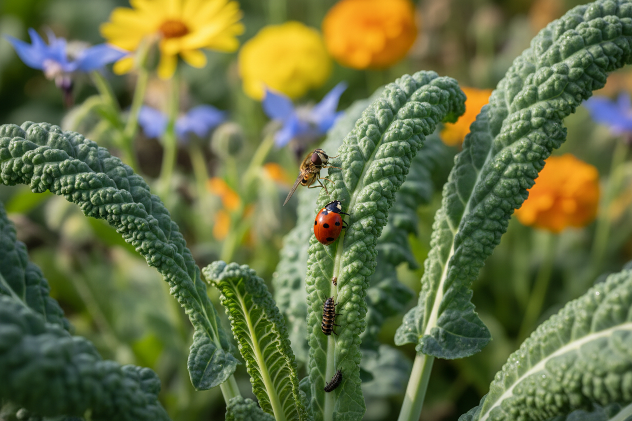 Natural pest management techniques including beneficial insects, companion plants, and organic pest control methods in a healthy garden