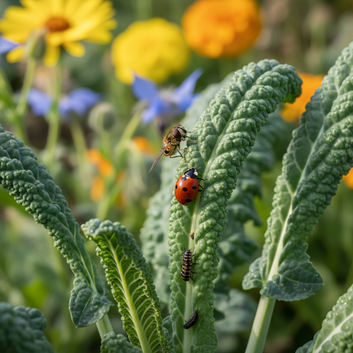 Natural pest management techniques including beneficial insects, companion plants, and organic pest control methods in a healthy garden