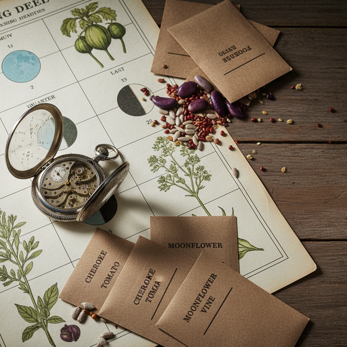 Seasonal garden calendar with moon phases and planting schedule showing optimal timing for seed sowing and transplanting