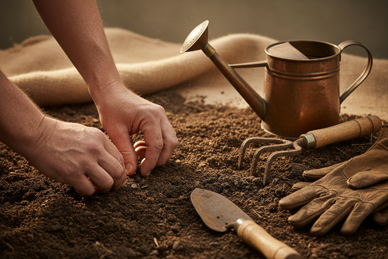 Traditional gardening methods featuring heritage vegetables, vintage garden tools, and time-tested growing techniques