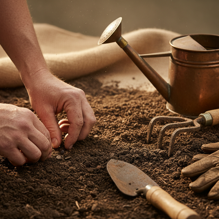 Traditional gardening methods featuring heritage vegetables, vintage garden tools, and time-tested growing techniques