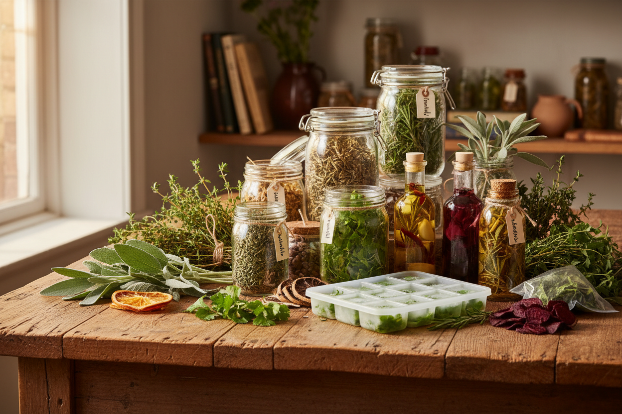 Preserving perennial harvest with canning jars, dried herbs, fermented vegetables, and root cellar storage for year-round use