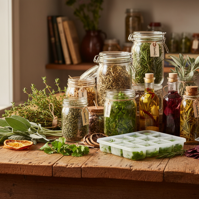 Preserving perennial harvest with canning jars, dried herbs, fermented vegetables, and root cellar storage for year-round use