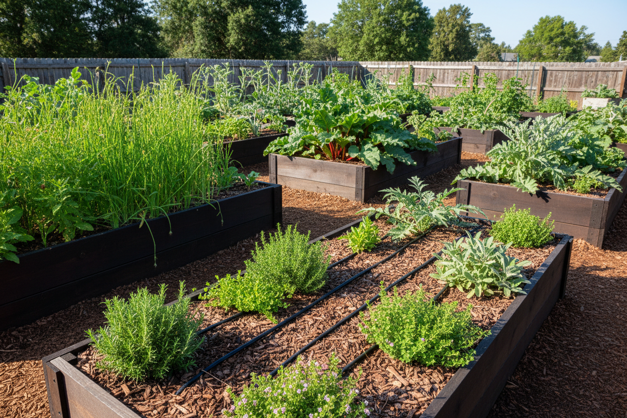 Well-designed raised garden beds filled with perennial vegetables showing optimal spacing and layout for sustainable growing