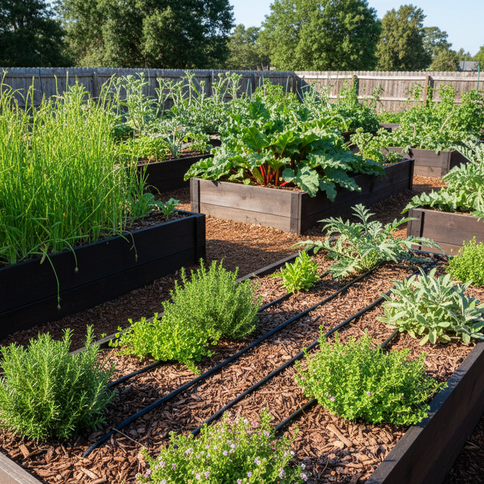 Well-designed raised garden beds filled with perennial vegetables showing optimal spacing and layout for sustainable growing