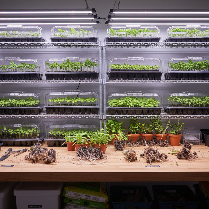 Seed starting and plant propagation setup with seedlings, cuttings, and division techniques for perennial vegetables and herbs