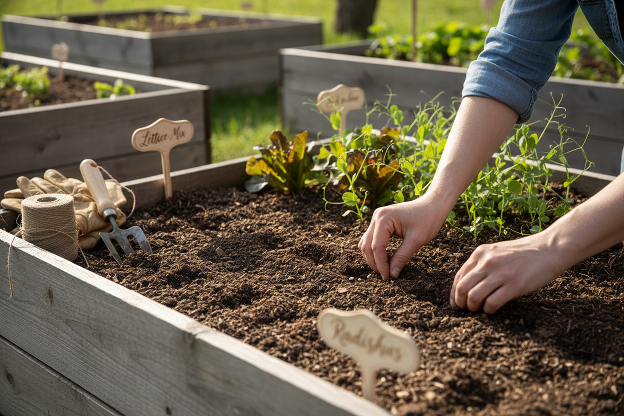 Hands planting heirloom seeds in raised bed garden for early spring planting