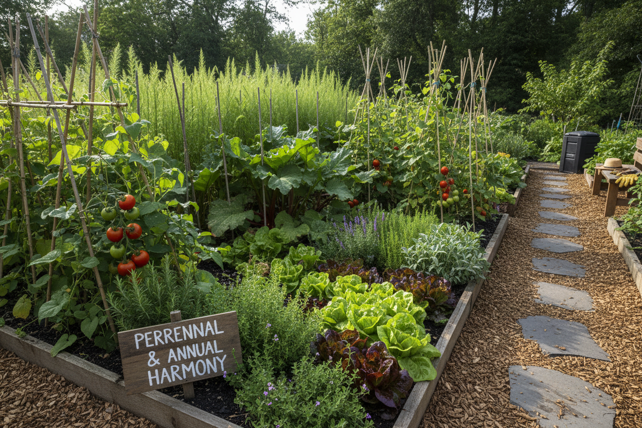 Succession planting garden integrating annual vegetables with perennial crops for continuous harvests throughout the growing season