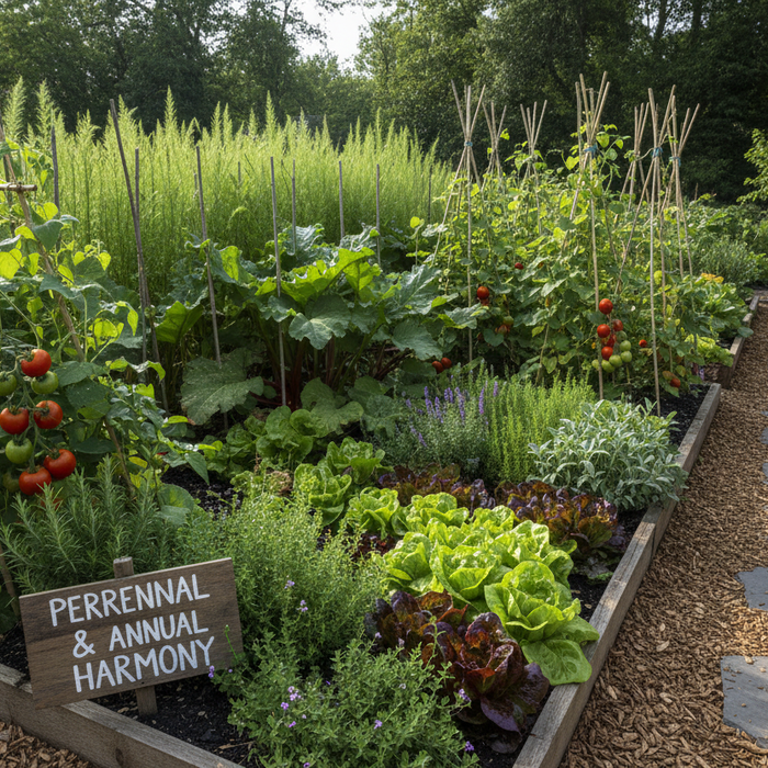 Succession planting garden integrating annual vegetables with perennial crops for continuous harvests throughout the growing season