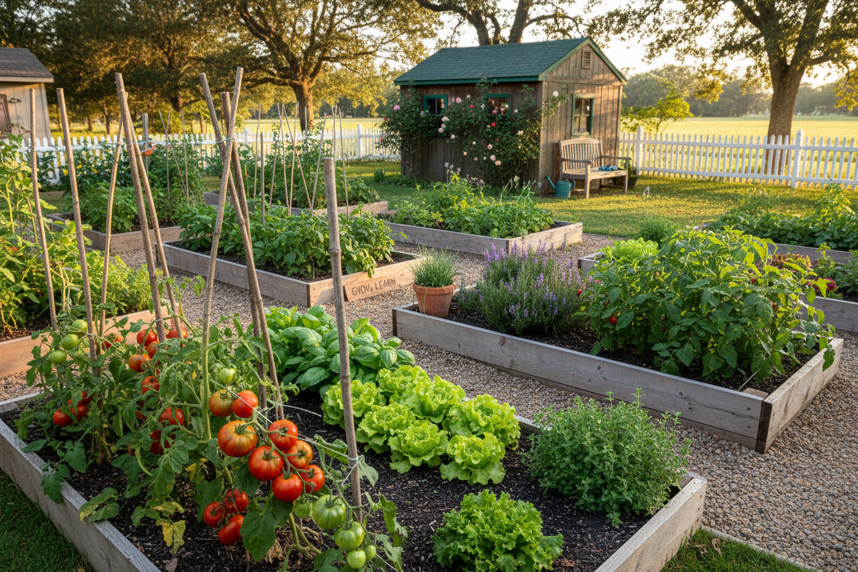 Vibrant heirloom vegetable garden with colorful produce including tomatoes, peppers, and leafy greens in raised beds
