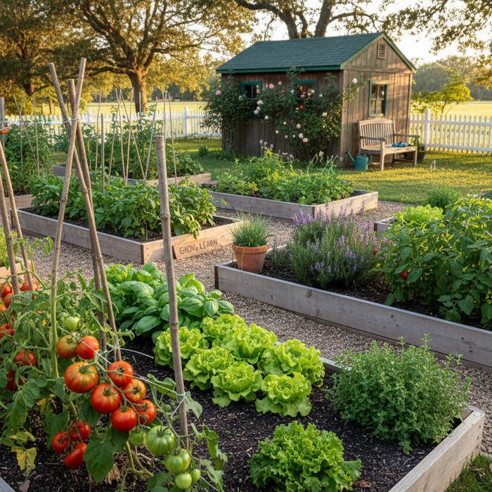 Vibrant heirloom vegetable garden with colorful produce including tomatoes, peppers, and leafy greens in raised beds