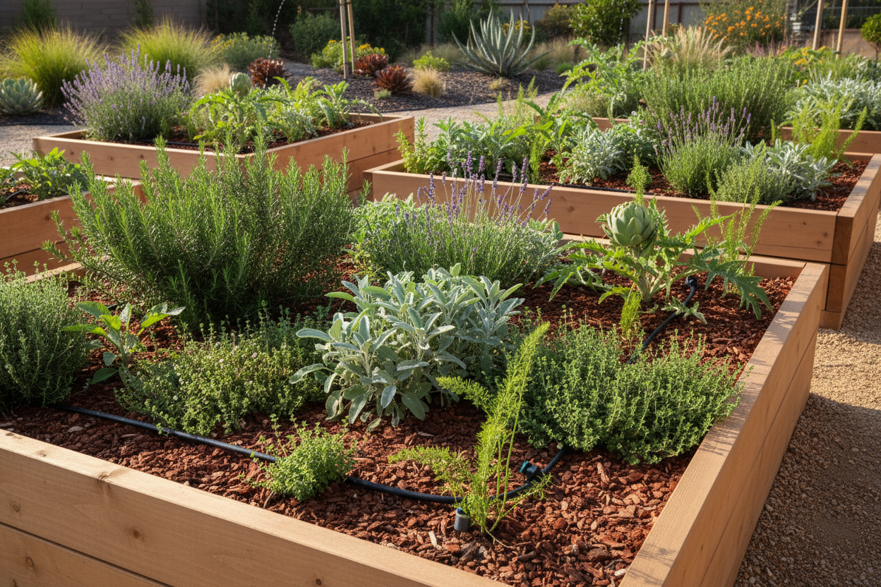 Water-wise gardening in raised beds featuring drought-tolerant perennial vegetables and herbs with efficient irrigation