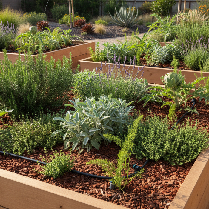 Water-wise gardening in raised beds featuring drought-tolerant perennial vegetables and herbs with efficient irrigation