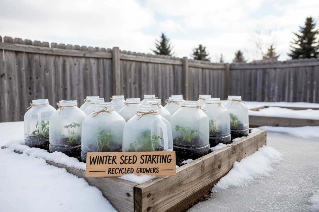 Winter sowing setup using recycled milk jugs as mini greenhouses for starting seeds outdoors in cold weather
