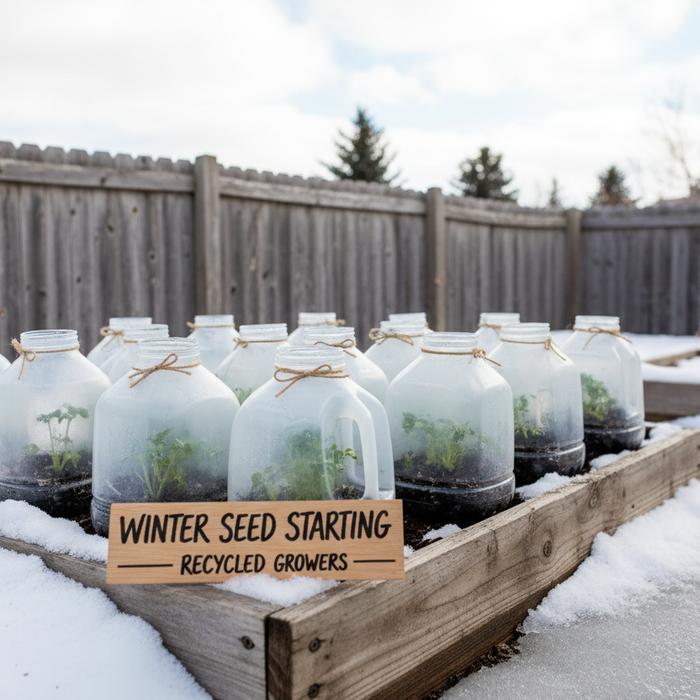 Winter sowing setup using recycled milk jugs as mini greenhouses for starting seeds outdoors in cold weather