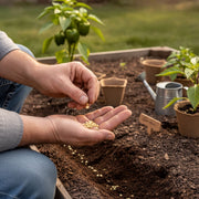 A person's hands are shown planting seeds in a garden bed, surrounded by potted plants and gardening tools.