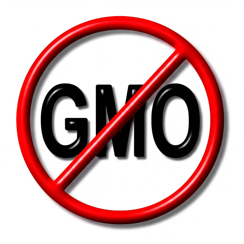 a red circle with a diagonal line through it, and the letters "GMO" inside the circle.