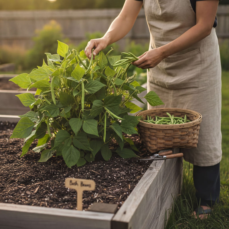 A person is tending to a garden bed filled with green beans, using a basket to collect the beans.