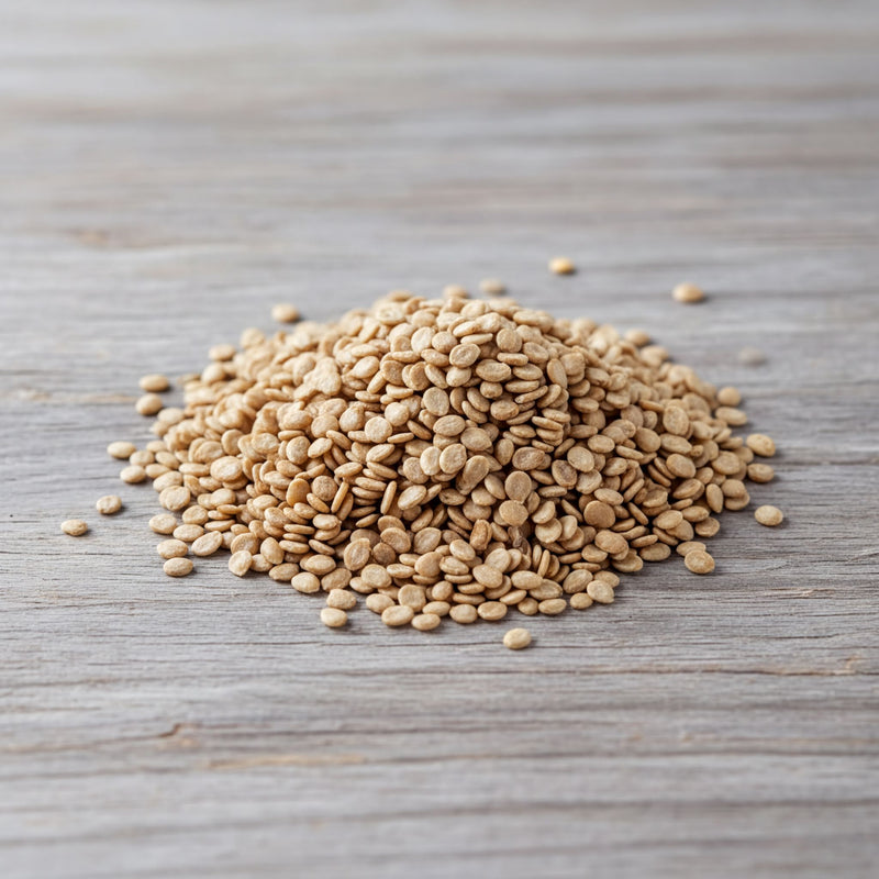 A pile of light brown, oval-shaped grains, possibly rice or lentils, is scattered on a wooden surface.